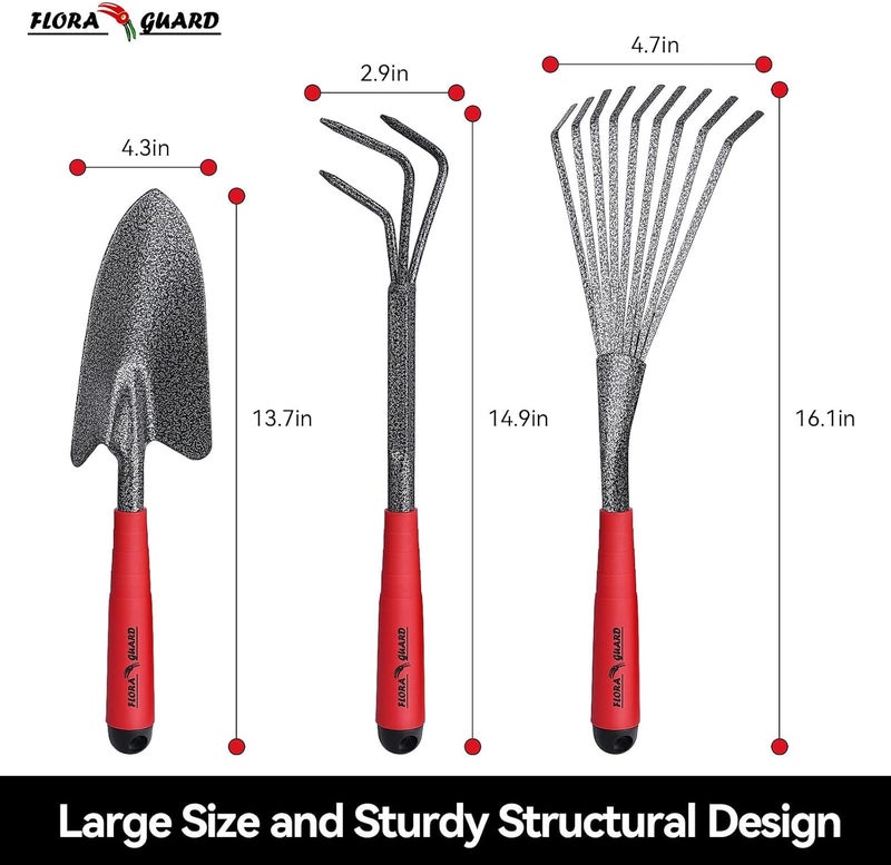 FLORA GUARD Garden Tools Set, 6-Piece Heavy Duty Gardening Hand Tools with Soft Rubber Handle, Includes Trowel, Rake, 2-in-1 Hoe & Crack Weeder, Durable Yard Tools, Essentials Garden Gift Men Women - Image 2